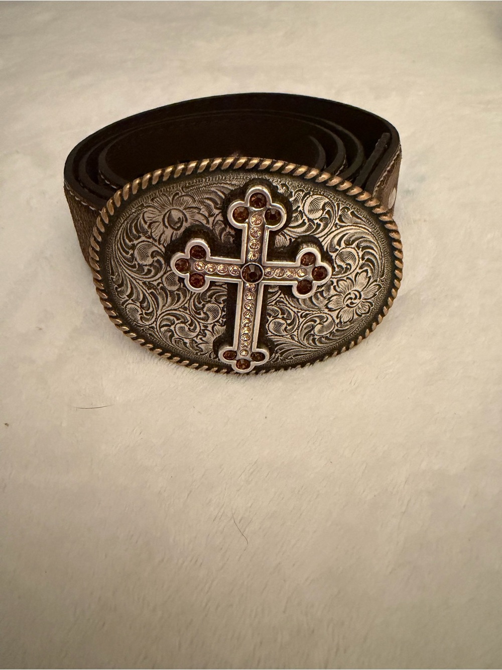 Nocona Brown Leather Belt with Ornate Silver-Tone Cross Buckle